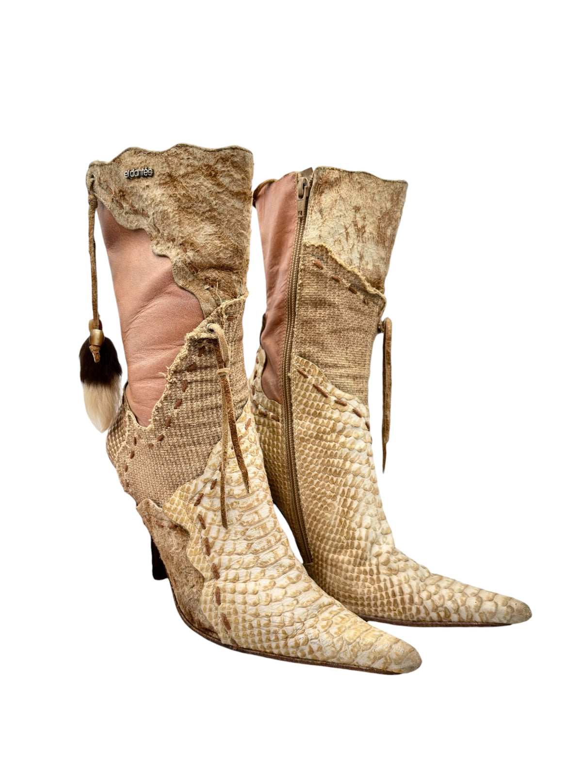 Beige snake-pattern leather tall boots with side zipper and tassel details