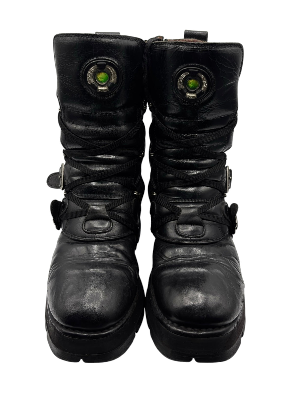 Mid-calf black leather lace-up boots with front laces and buckled straps