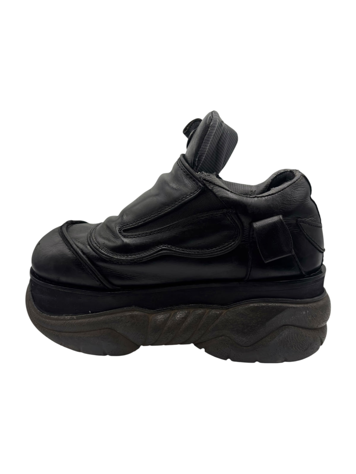 Vintage Swear London platform boots side view, black leather with platform outsole