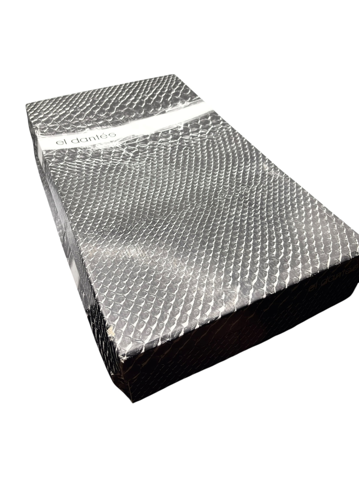 Folded boot box with metallic silver textured wrapping and brand text
