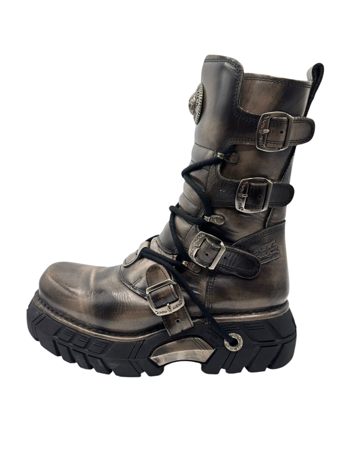 Vintage New Rock lace-up leather boots with side buckle straps and thick lug sole