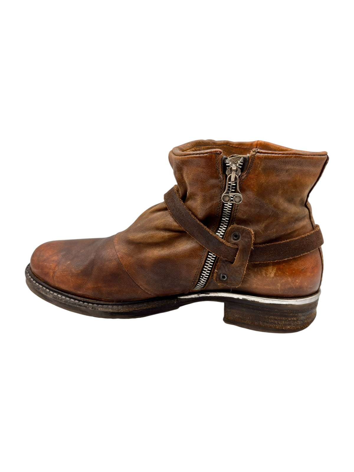Brown leather ankle boots with high cuff and side zipper