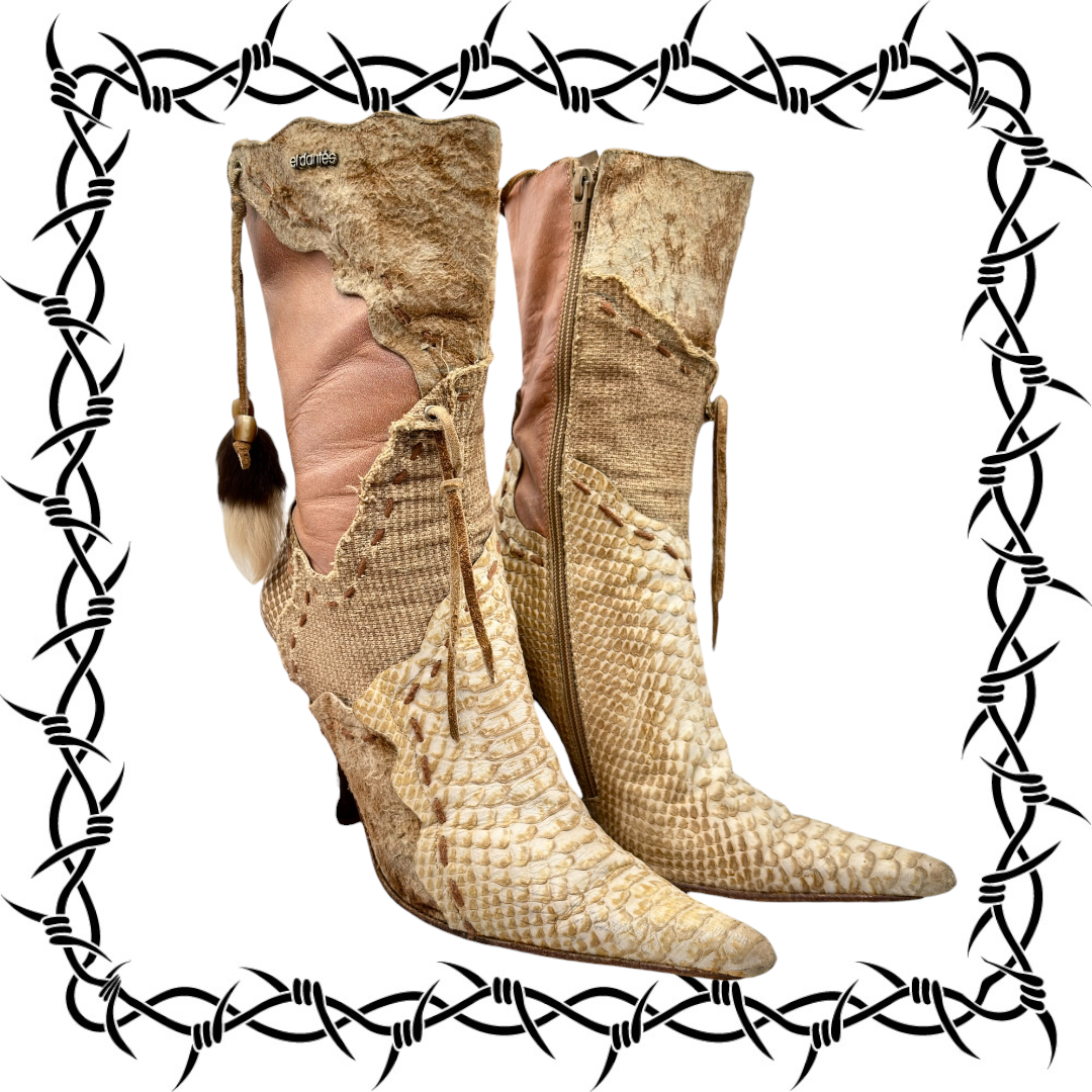 Vintage El Dantes beige snake-pattern leather boots, tall shafts, side zipper