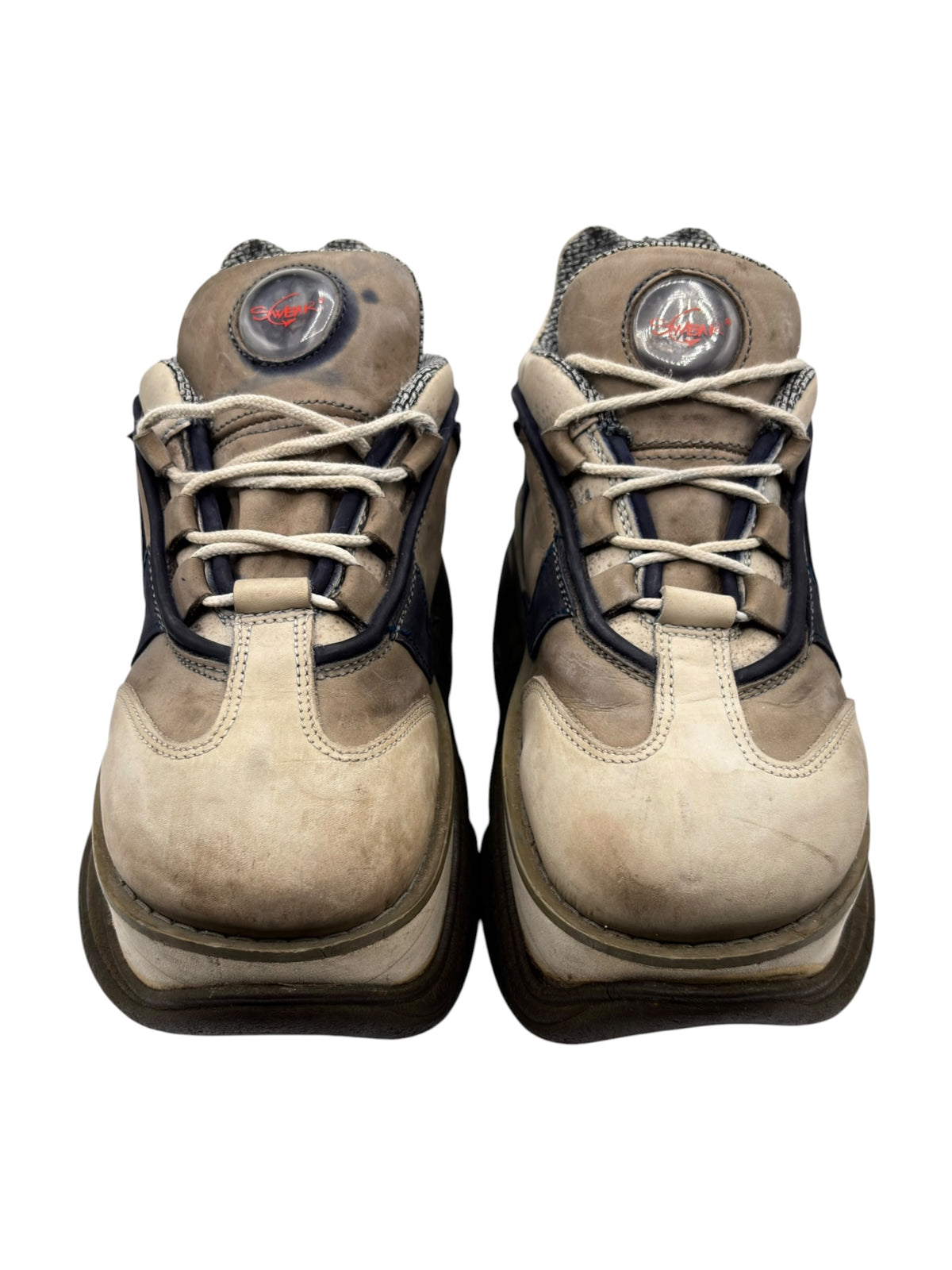 Swear London platform boots in tan with dark blue side panels and cream laces