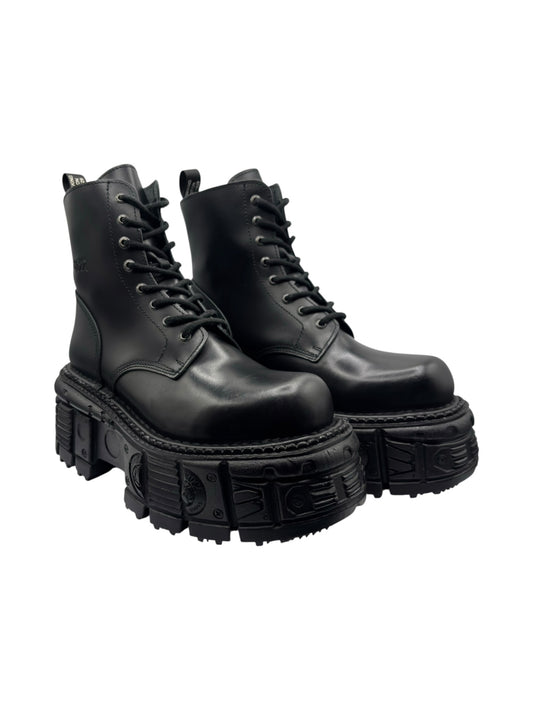 Black leather lace-up tank platform boots, side view, chunky lug tread sole