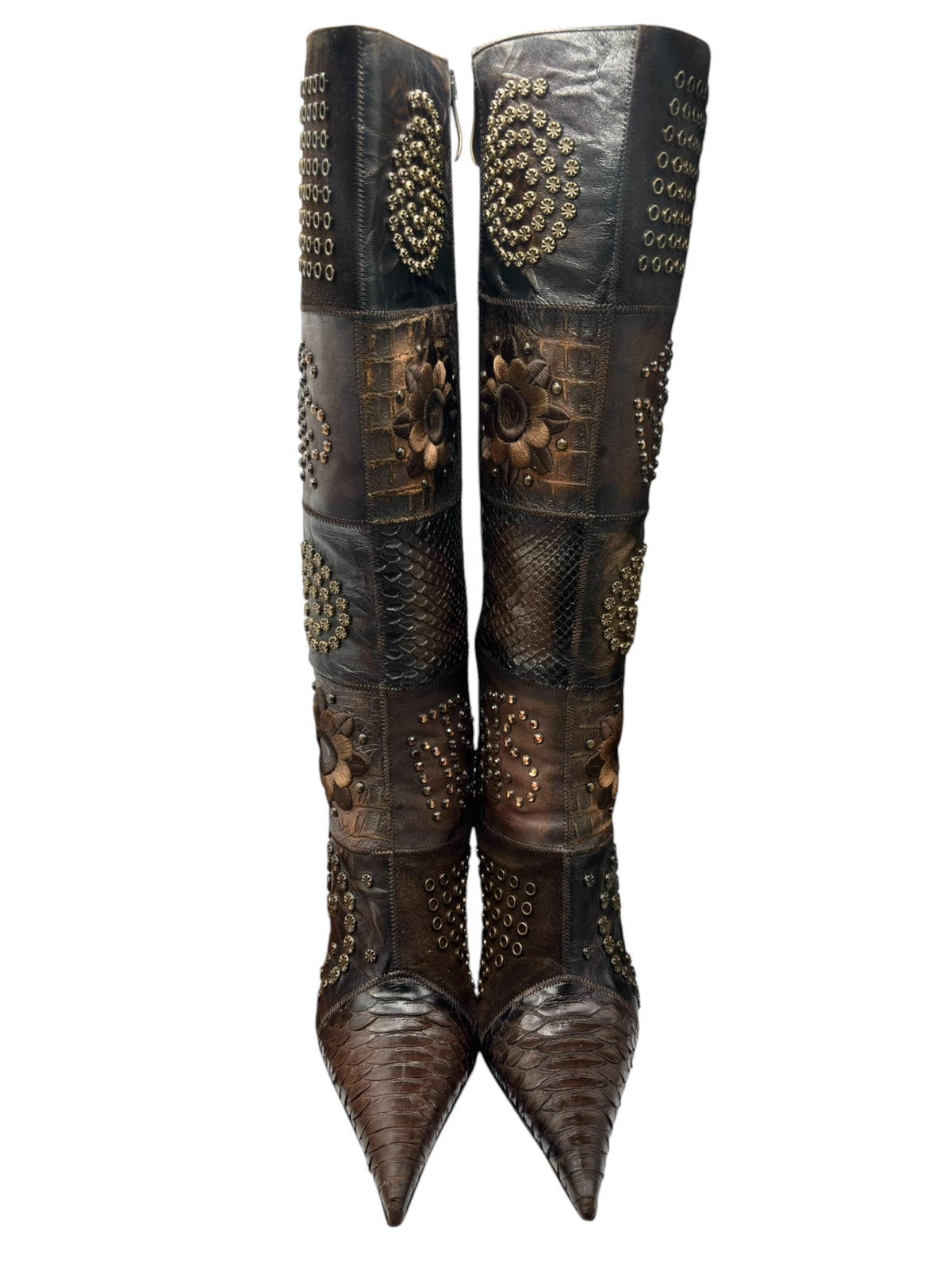 Vintage knee-high leather boots with side stud rows, floral panels, and textured shaft