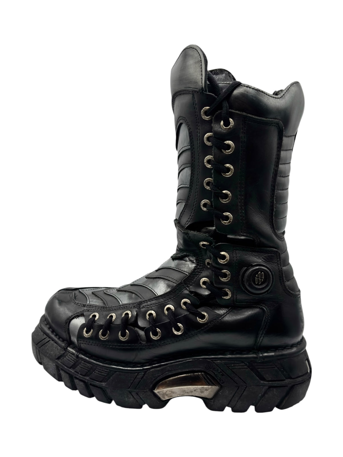 Black lace-up platform combat boots with chunky rubber sole and side panel stitching
