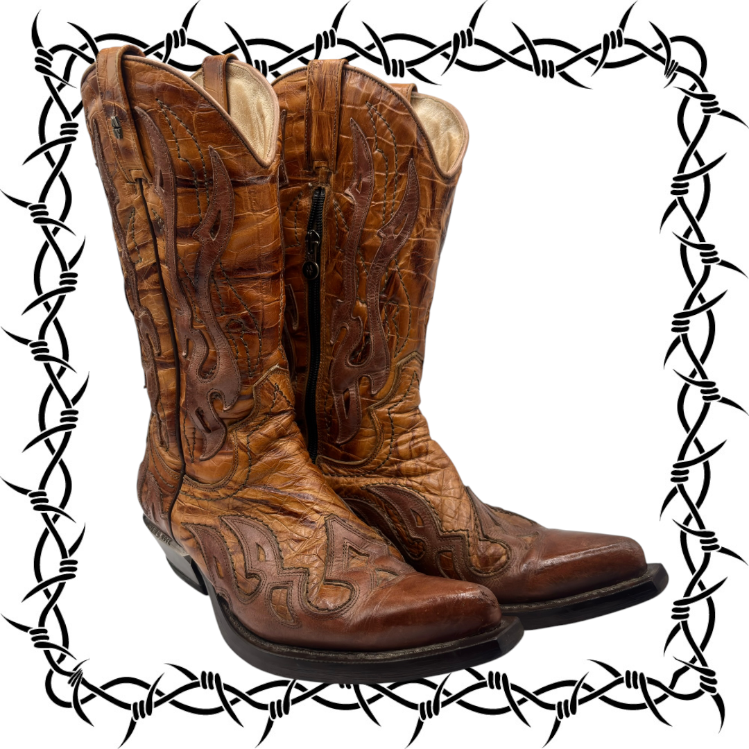Brown mid-calf cowboy boots with flame-style stitched panels and pull-tab shaft