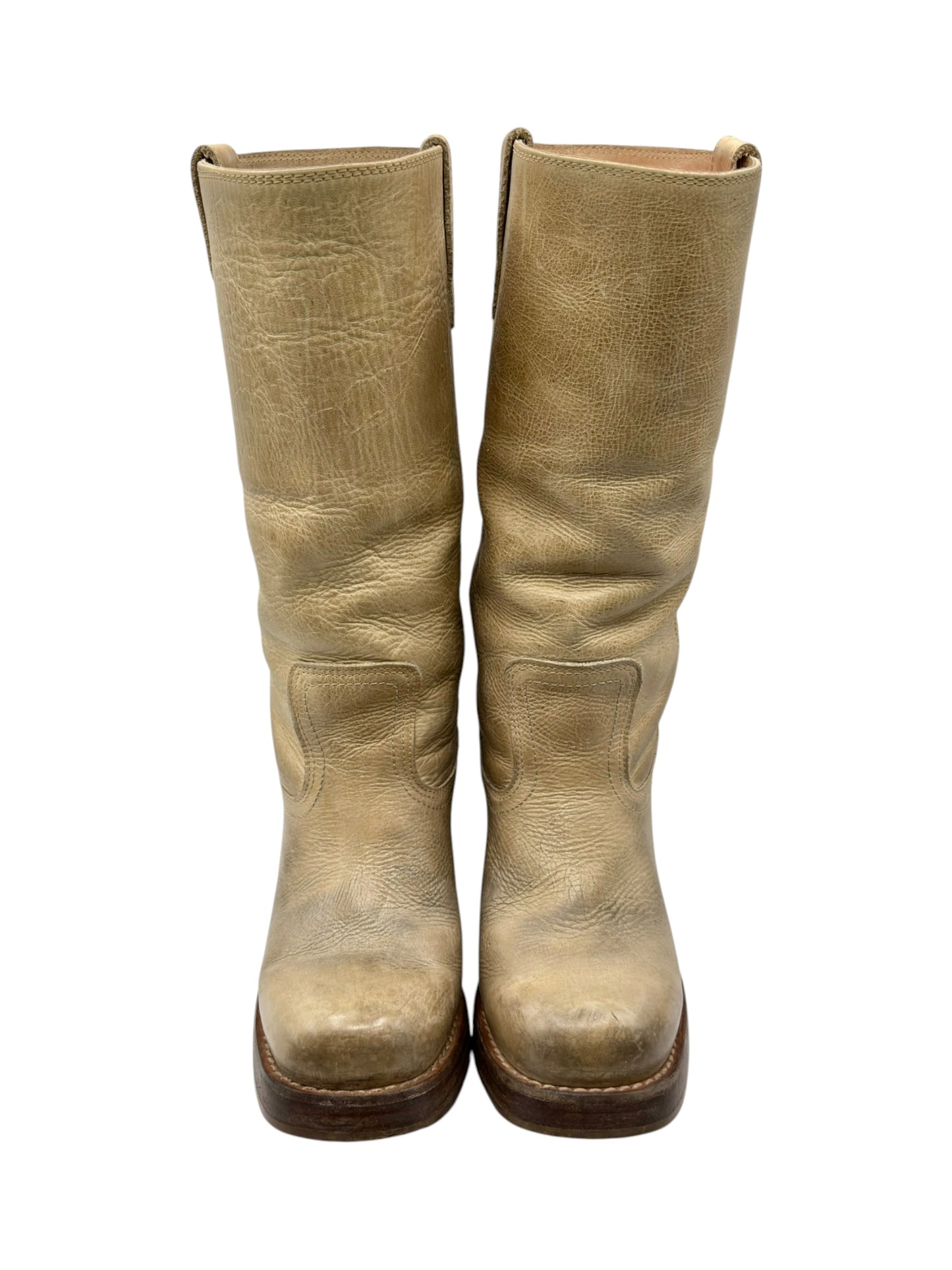 Vintage Destroy beige knee high block platform leather boots