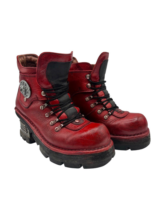 Red leather New Rock lace-up ankle boots with pull tabs and rugged lug sole