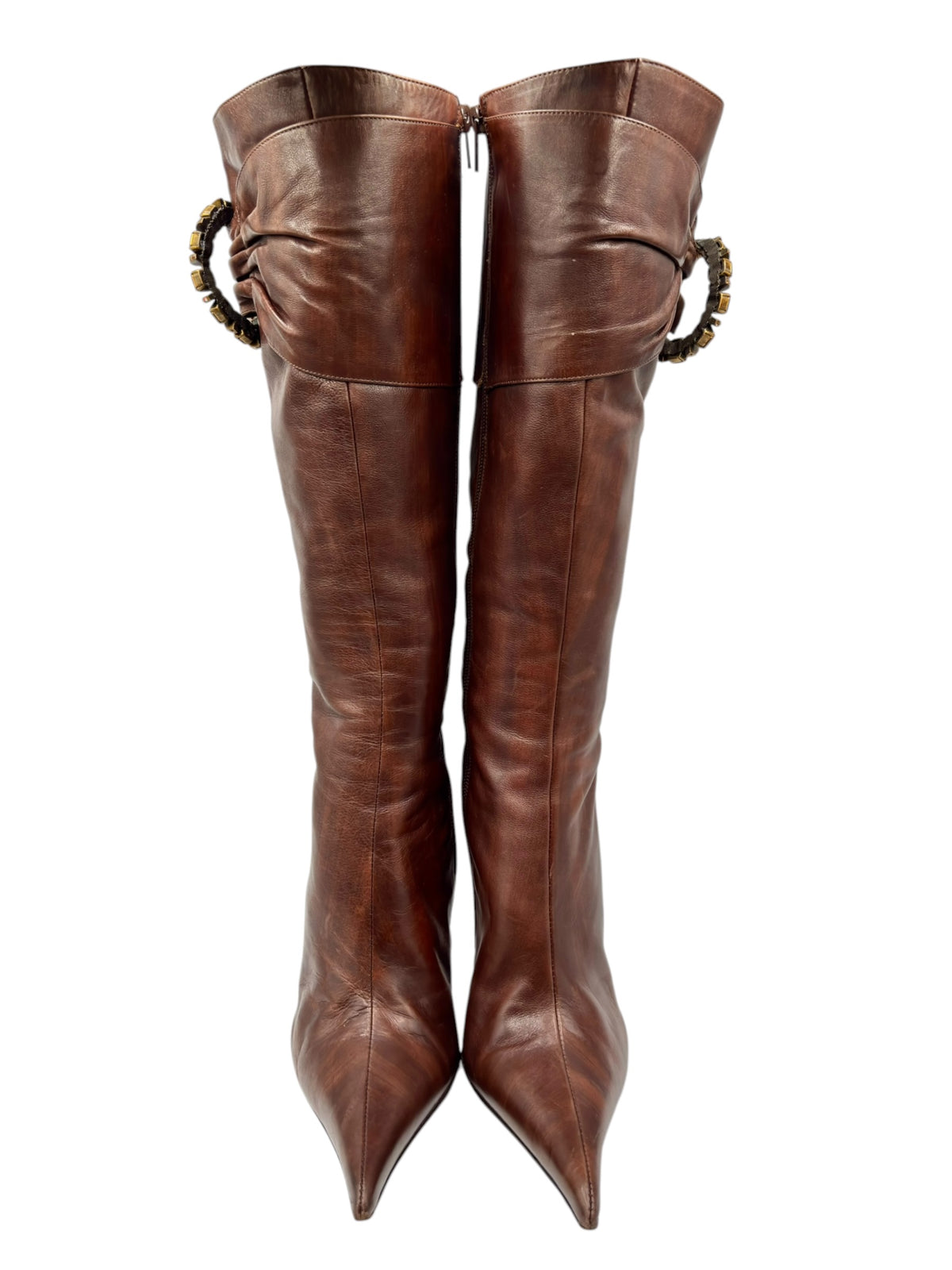 Dark brown leather knee-high boots, back view, with gold-toned cuff embellishments