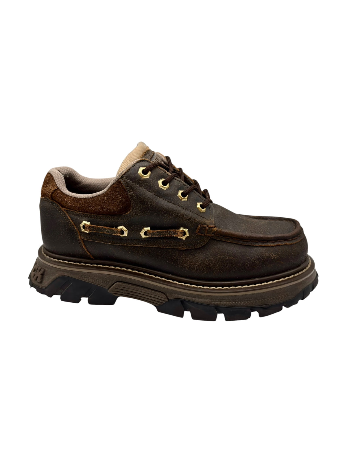 Brown leather platform lace-up boots with thick sole and contrast stitching