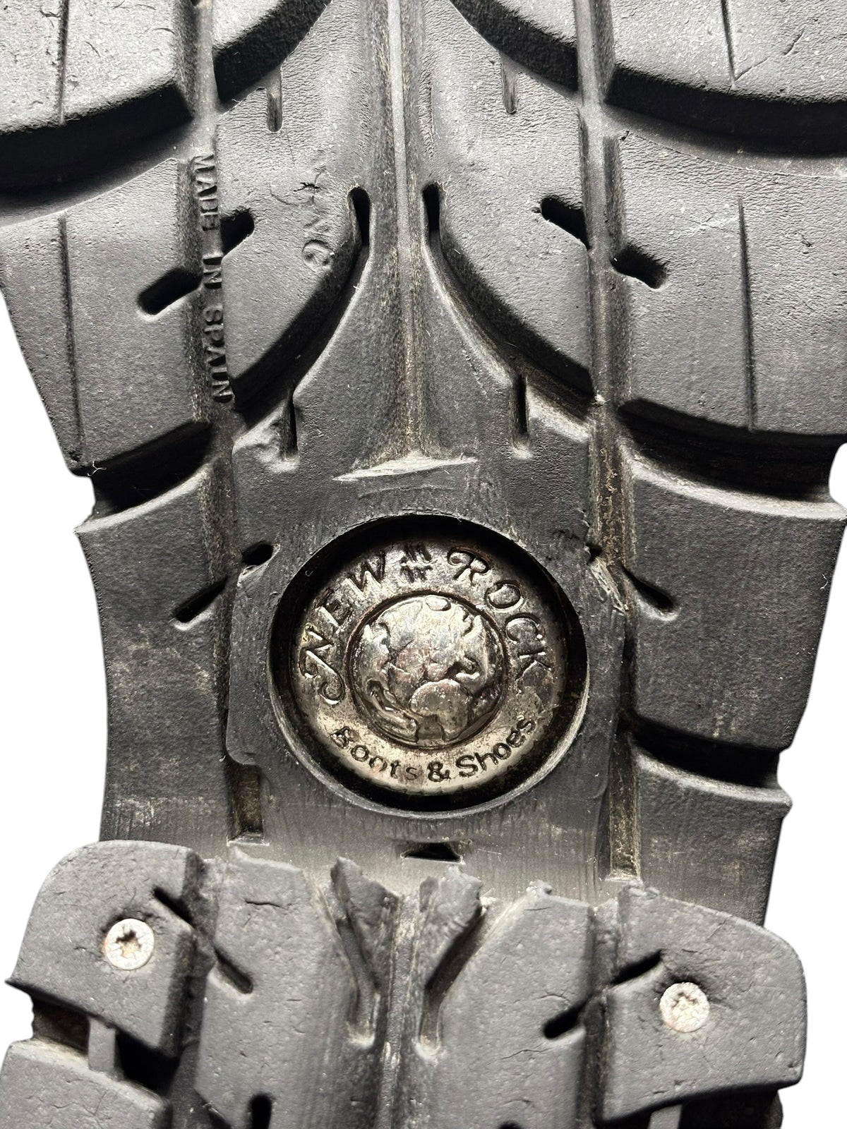 Vintage mid-calf biker boots outsole detail with Rock Feet & Shoes emblem and tread