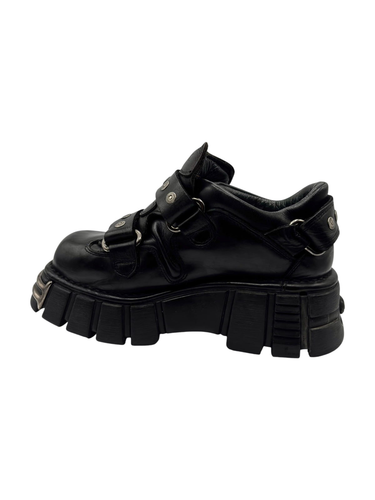 Vintage New Rock studded strap platform boots, black side profile with metal eyelets