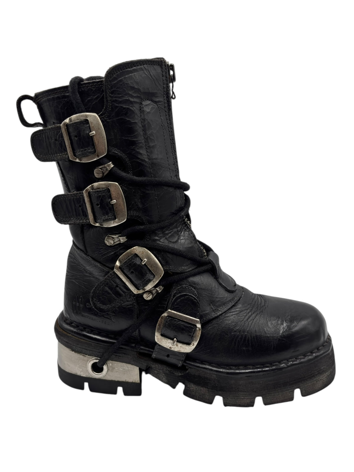 New Rock mid-calf leather boots with multiple metal buckles and lace detail