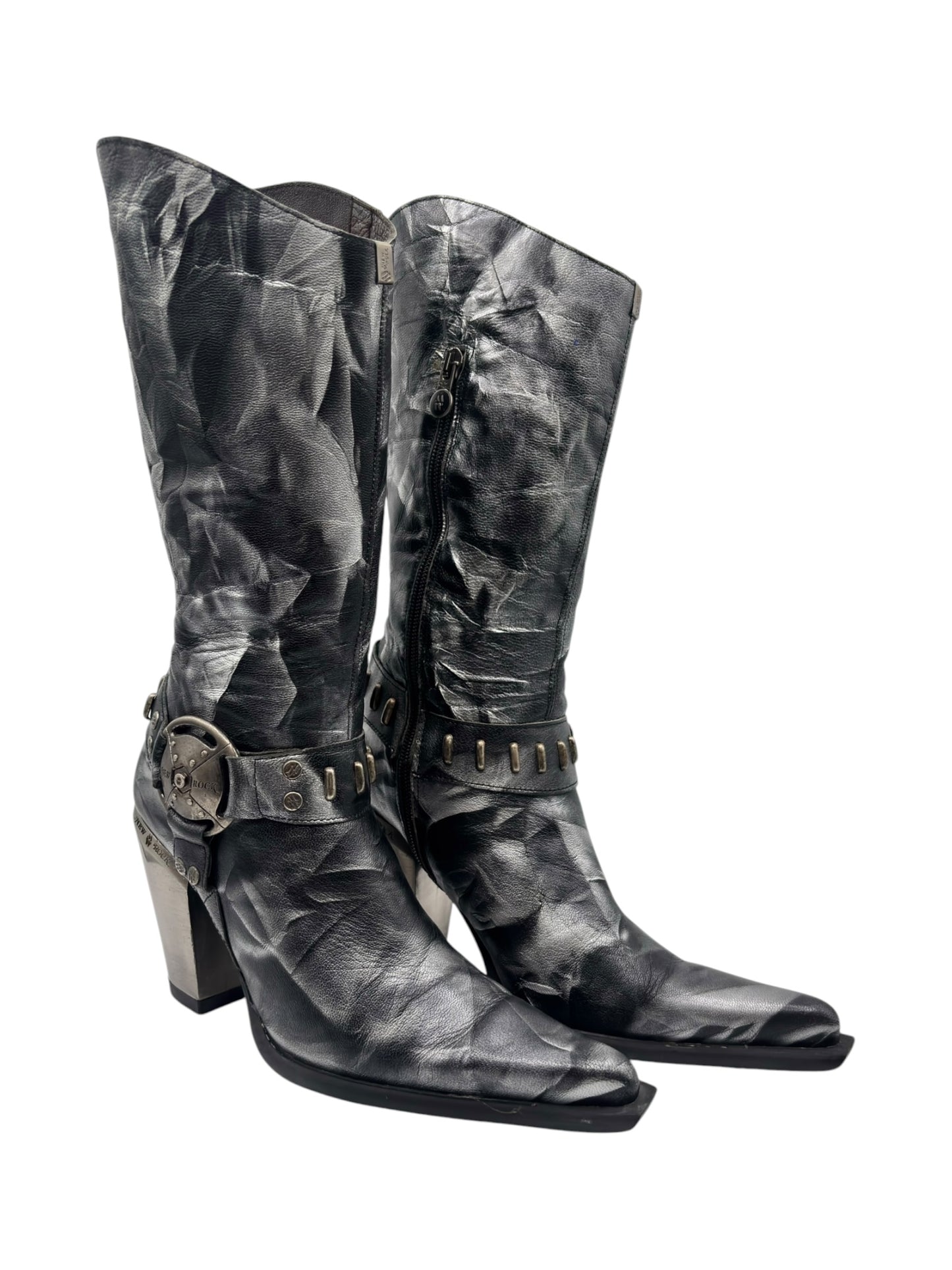 Vintage New arock pointy grey camo leather mid-calf boots