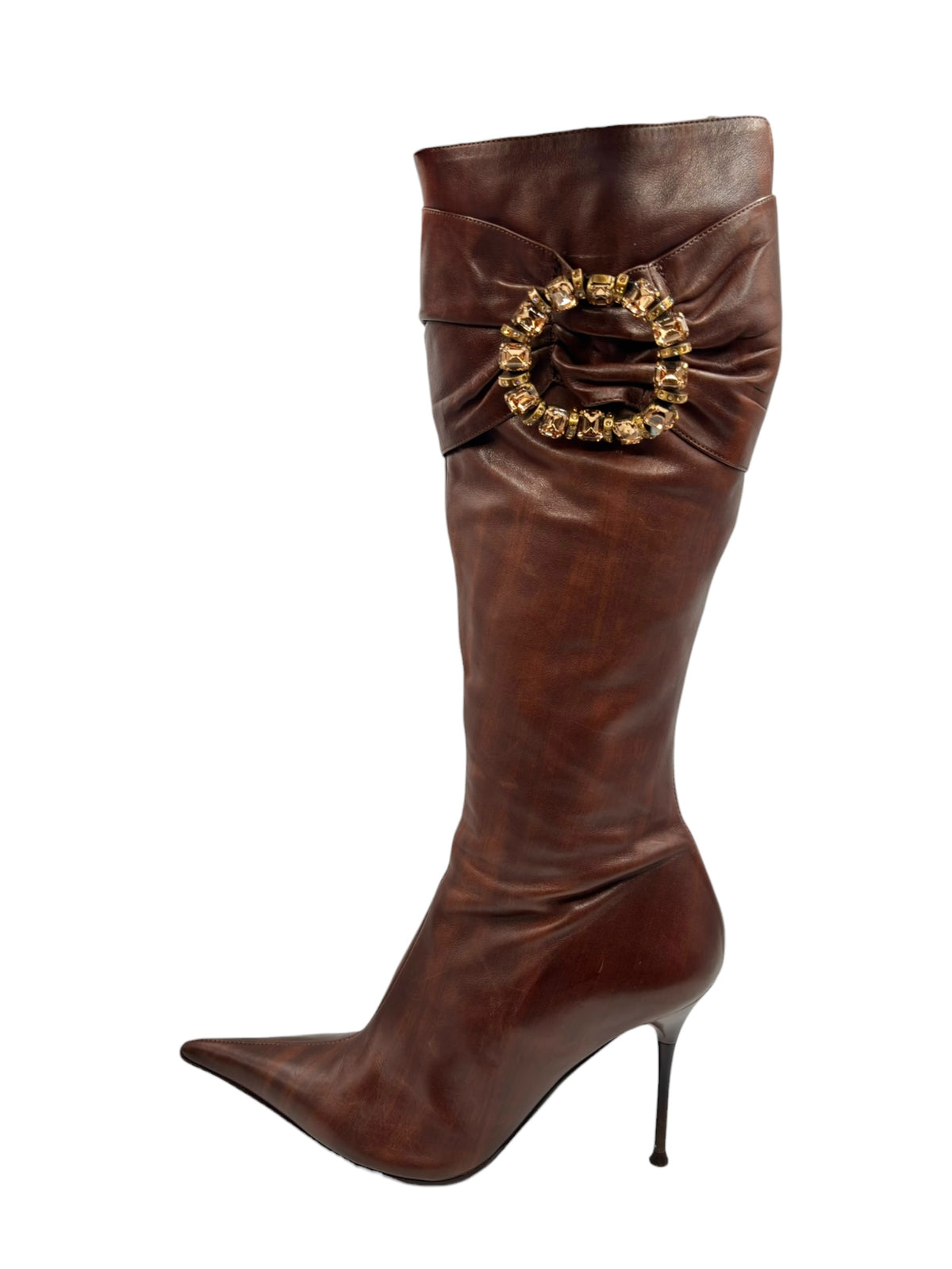 Brown knee-high leather boots with gold wreath detail and high stiletto heel