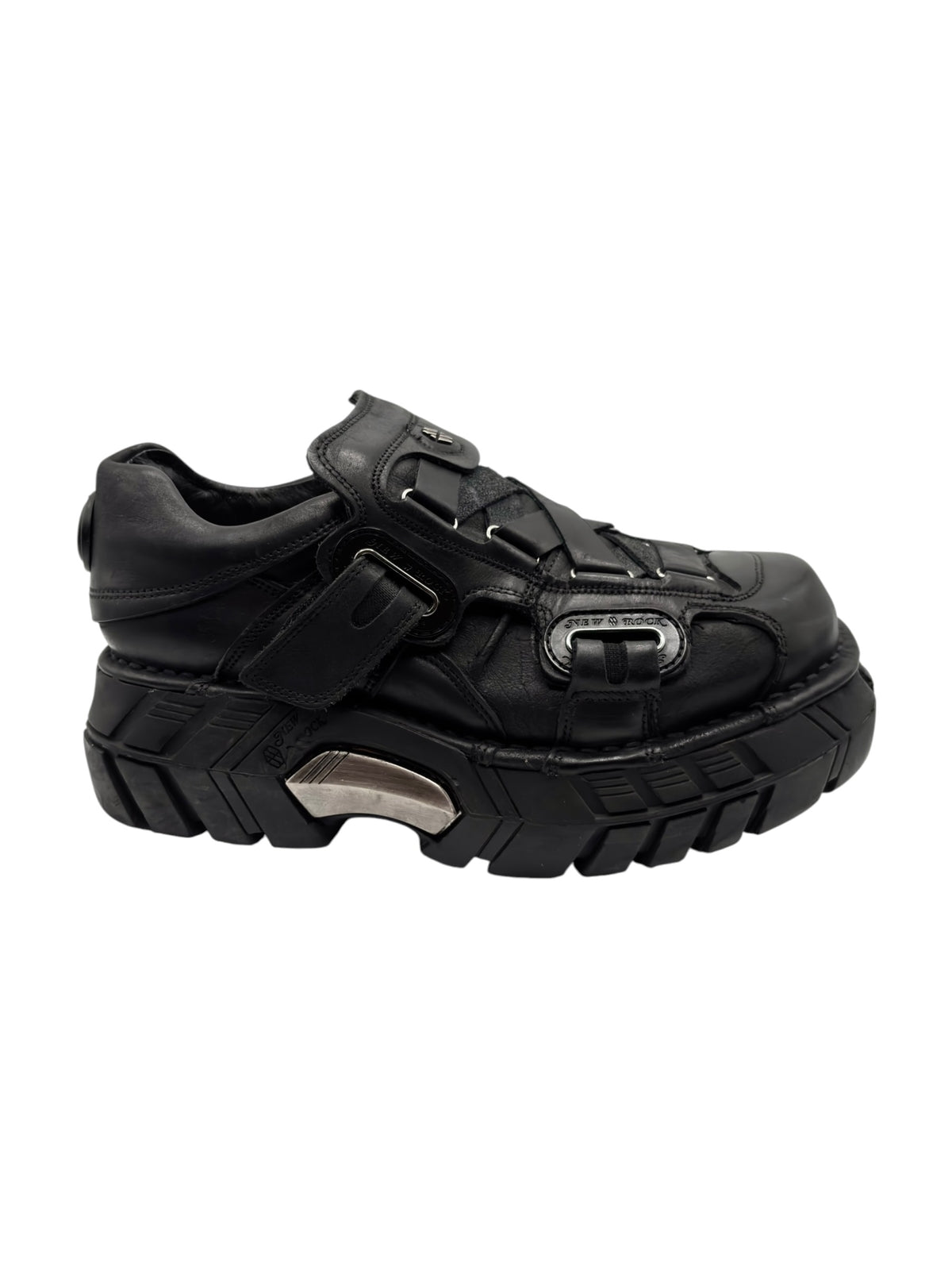 Black New Rock platform boots three-quarter side view with buckle detailing and thick sole