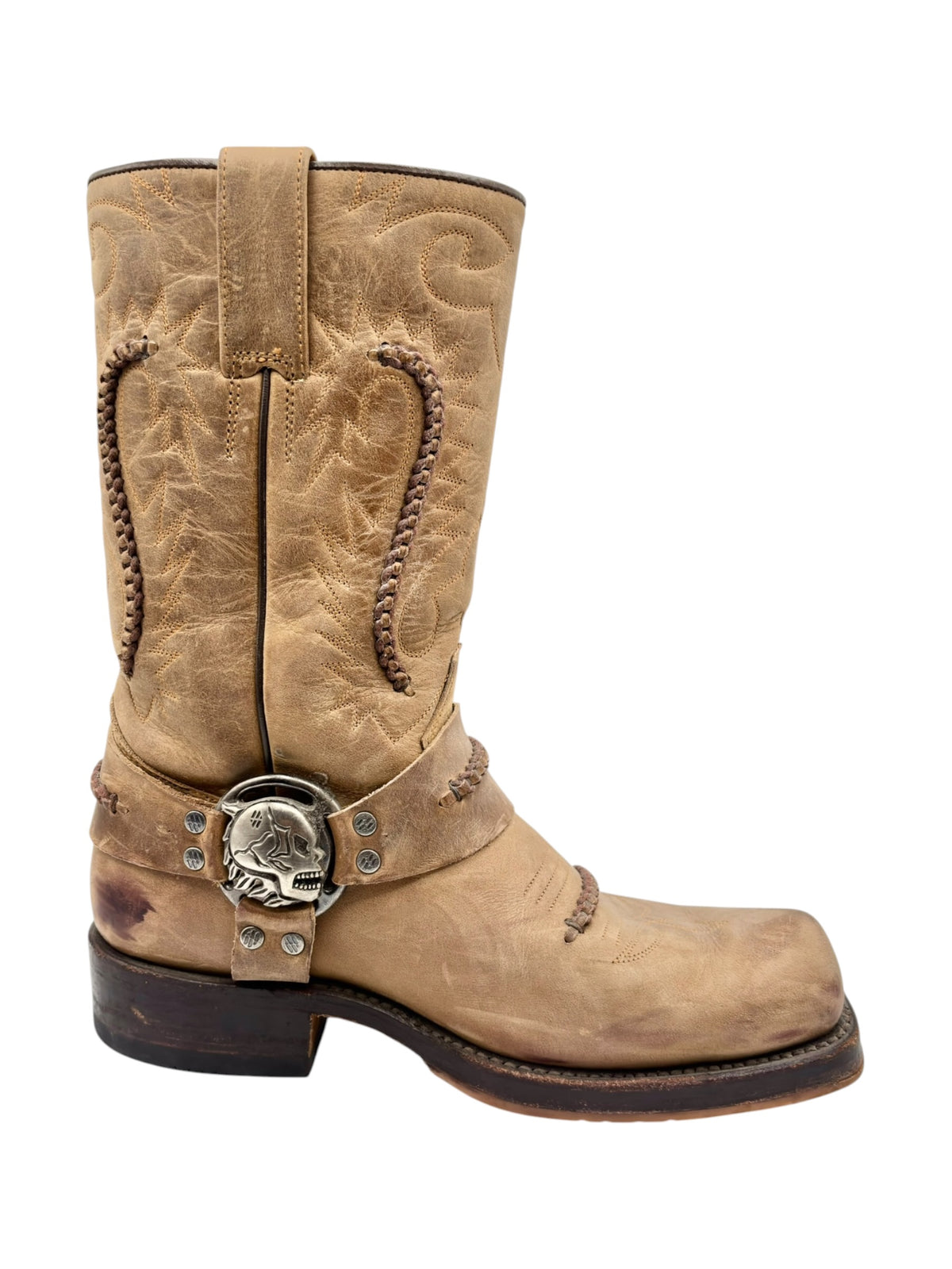 Beige cowboy boots with side zipper panel, buckle belt, and stitched panels