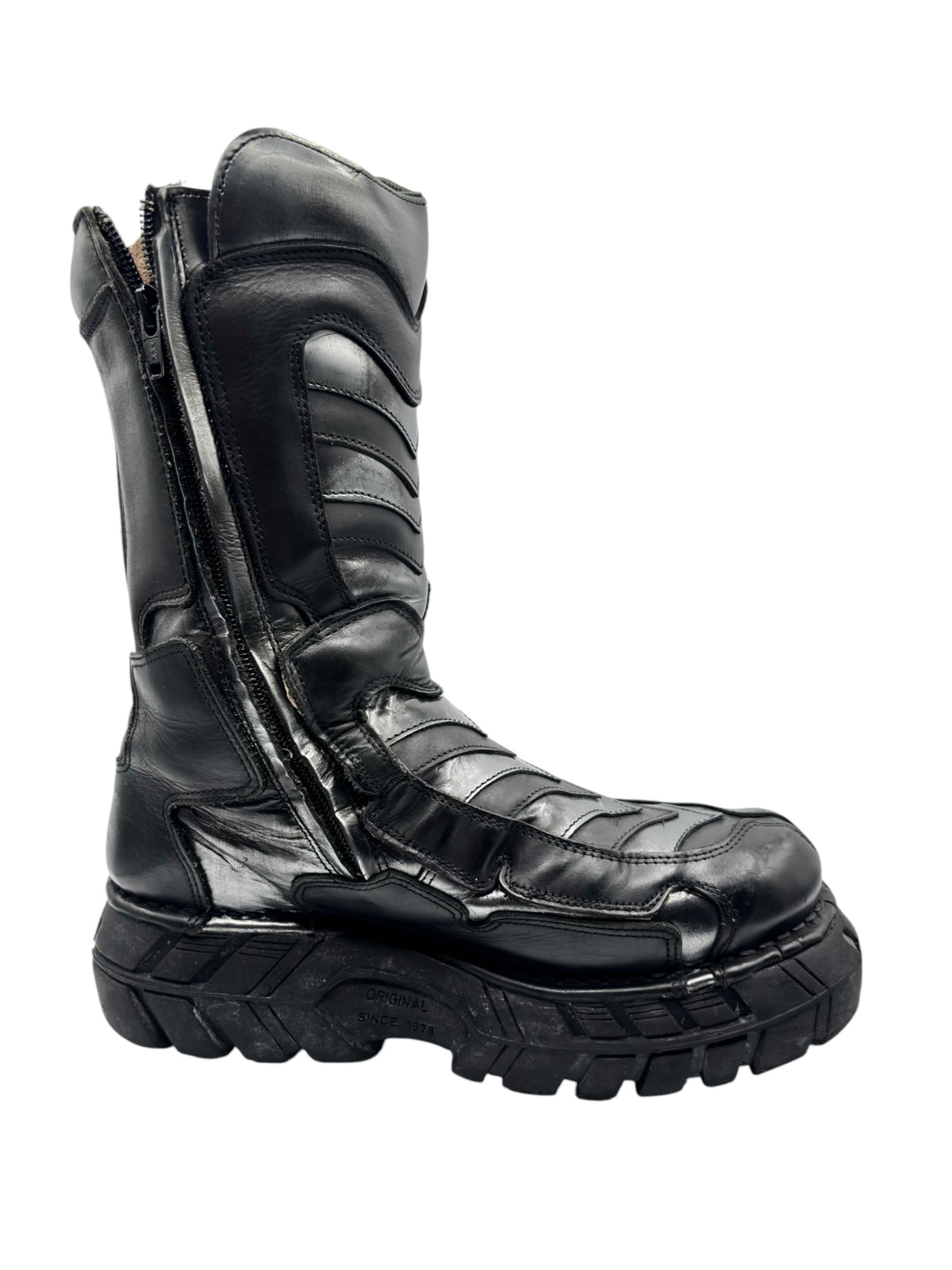 Black tall boots with side zipper, lace-up front, and chunky platform outsole