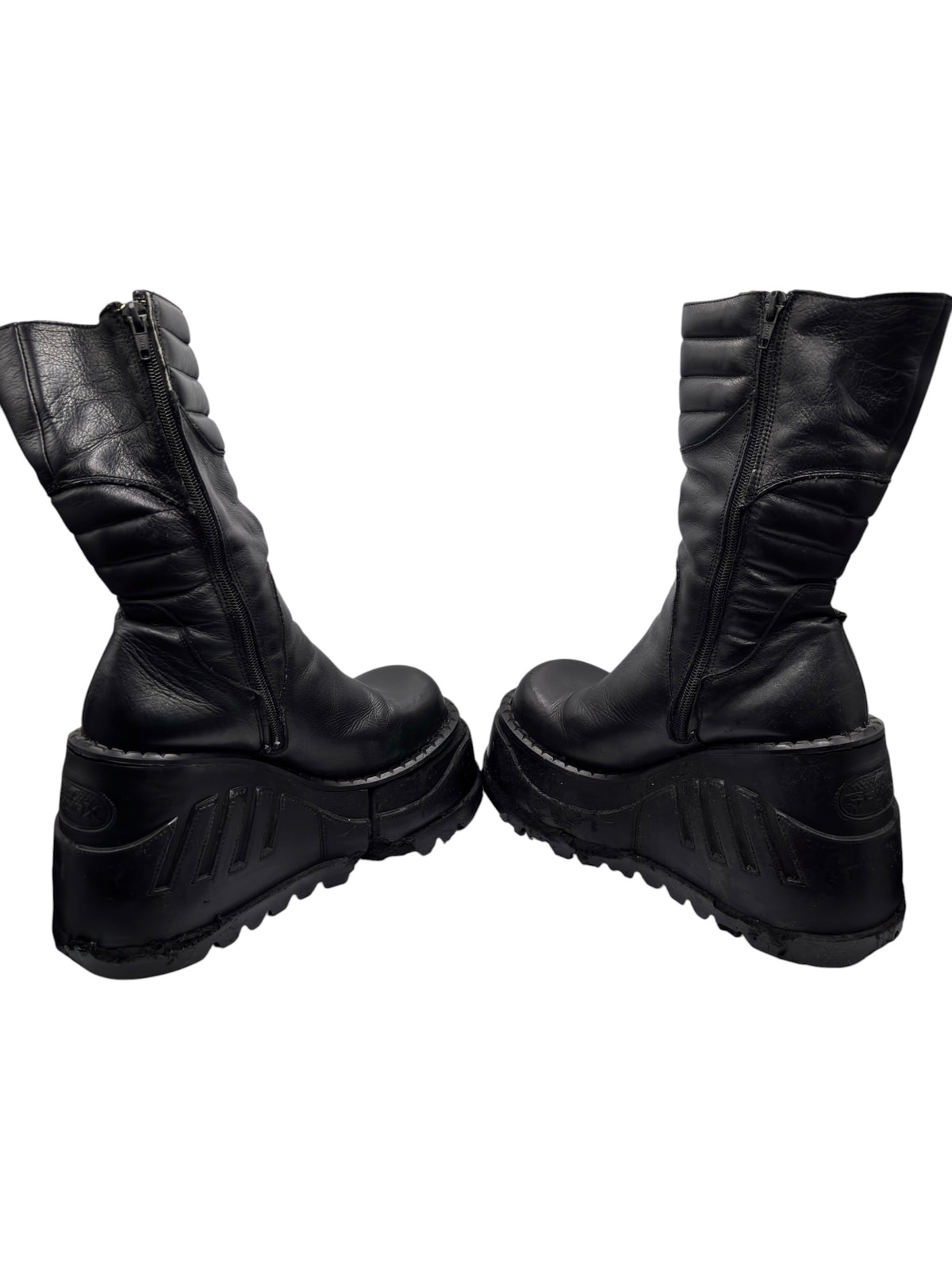 Black mid-calf leather platform boots, side view, chunky lugged outsole