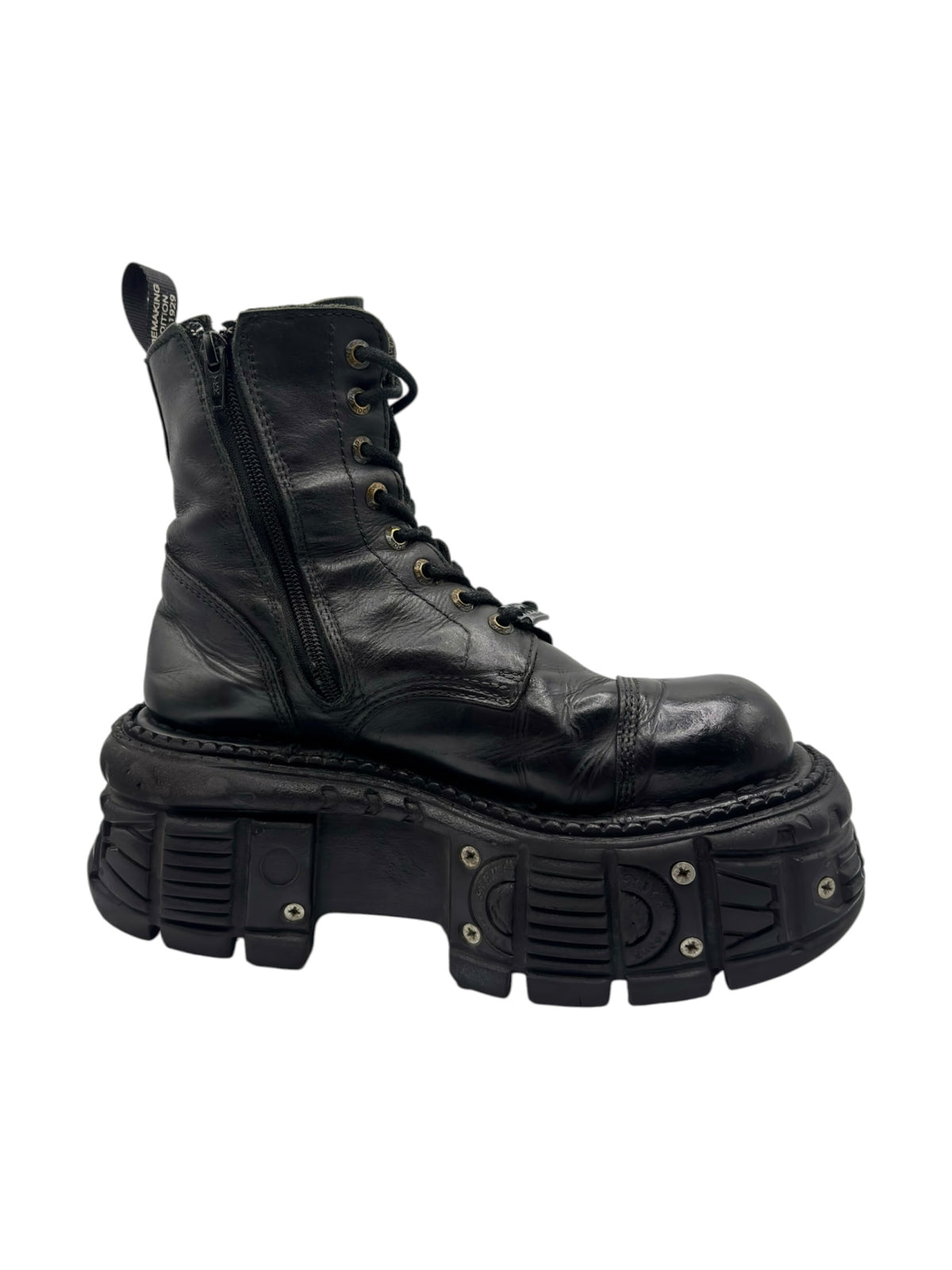 Black lace-up mid-calf boots with side zipper, textured leather, and lug sole.