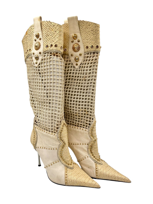 Vintage gold leather pointy-toe boots with mesh panels and studded straps