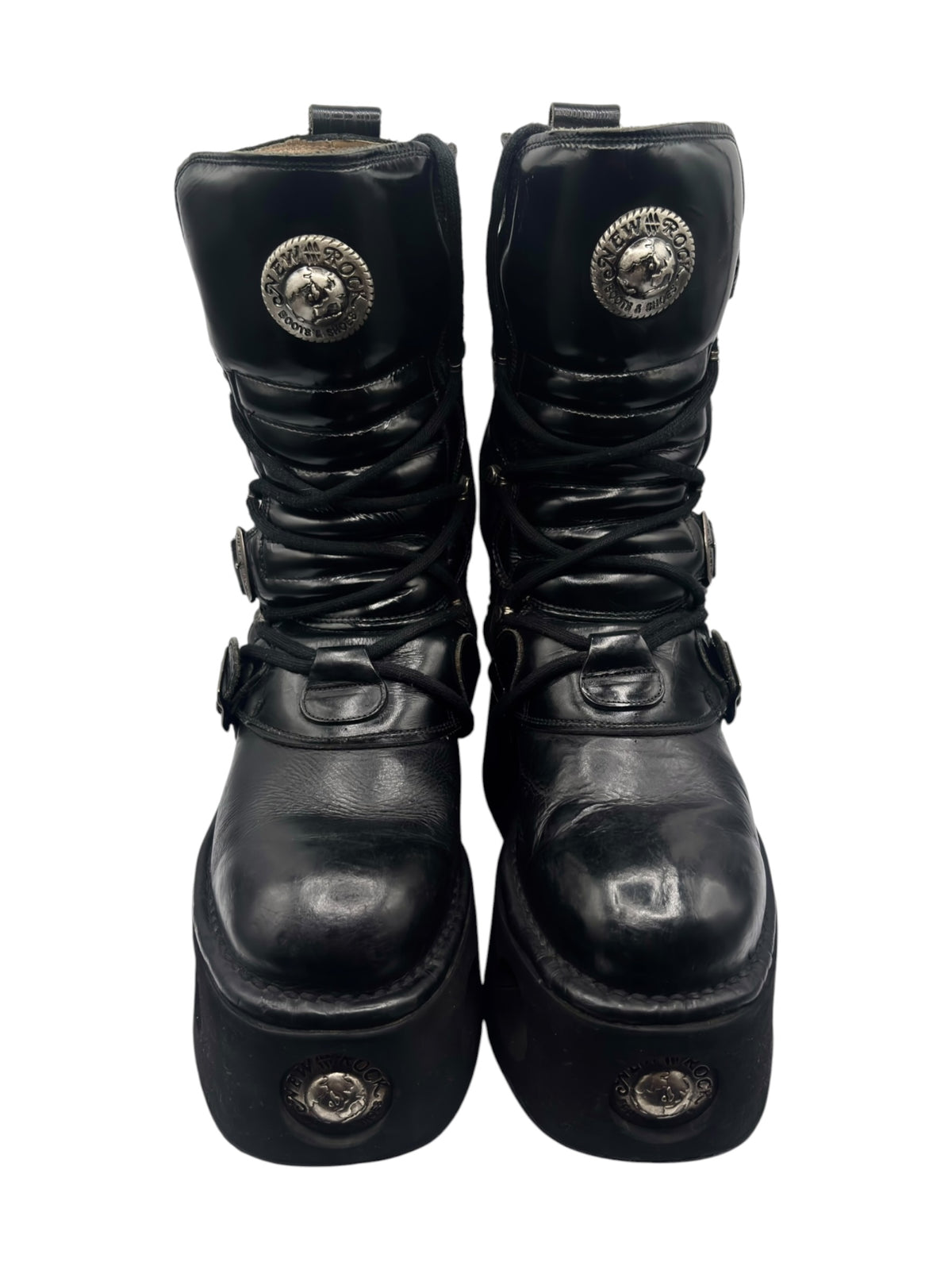 Vintage New Rock mid-calf platform boots, black, lace-up with round metal badges