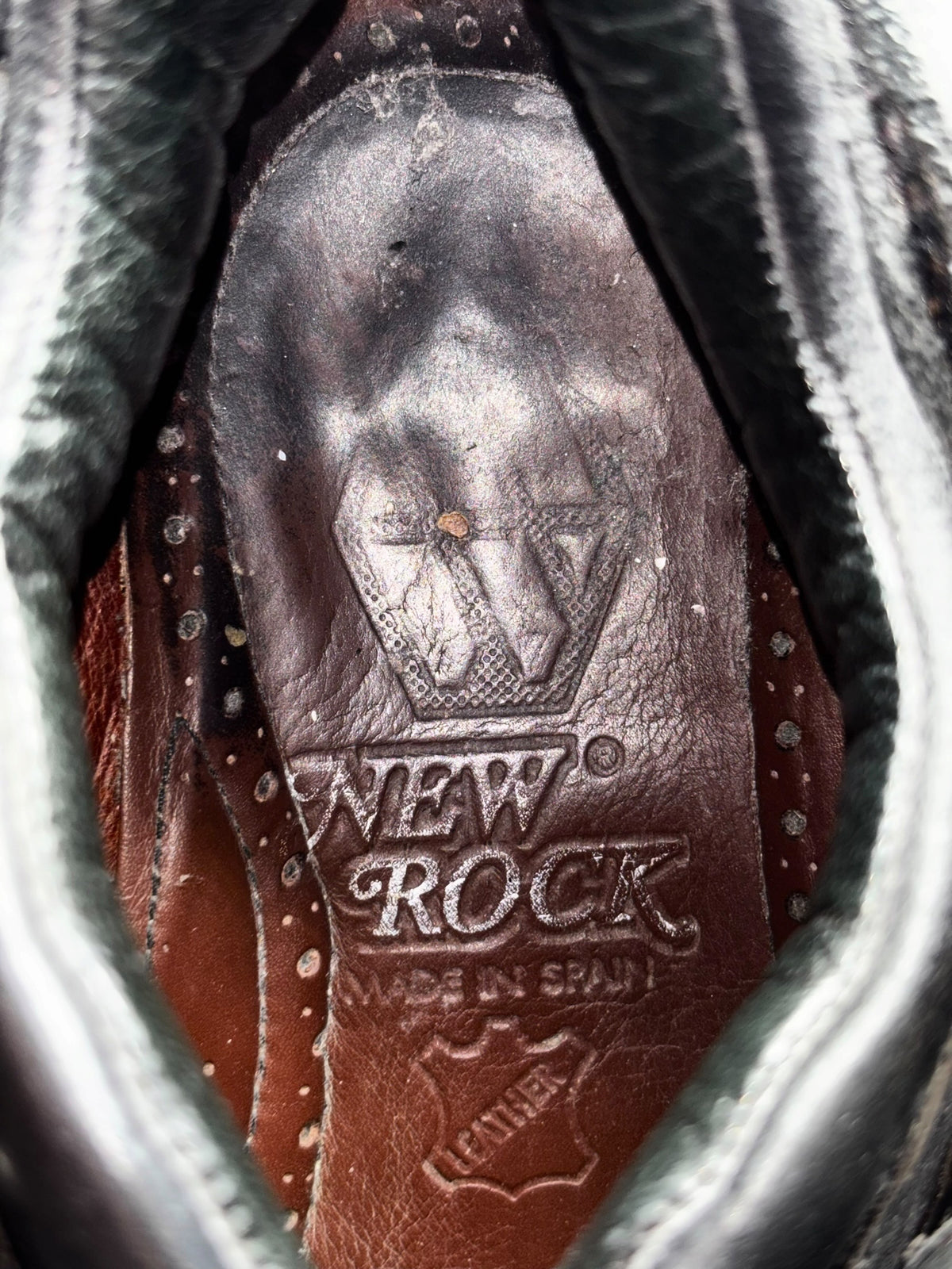 Vintage New Rock studded strap platform boots, printed inner insole close-up