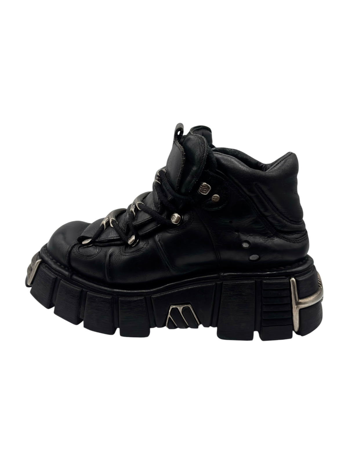 Black leather lace-up platform boot with thick tread sole and side detail strap