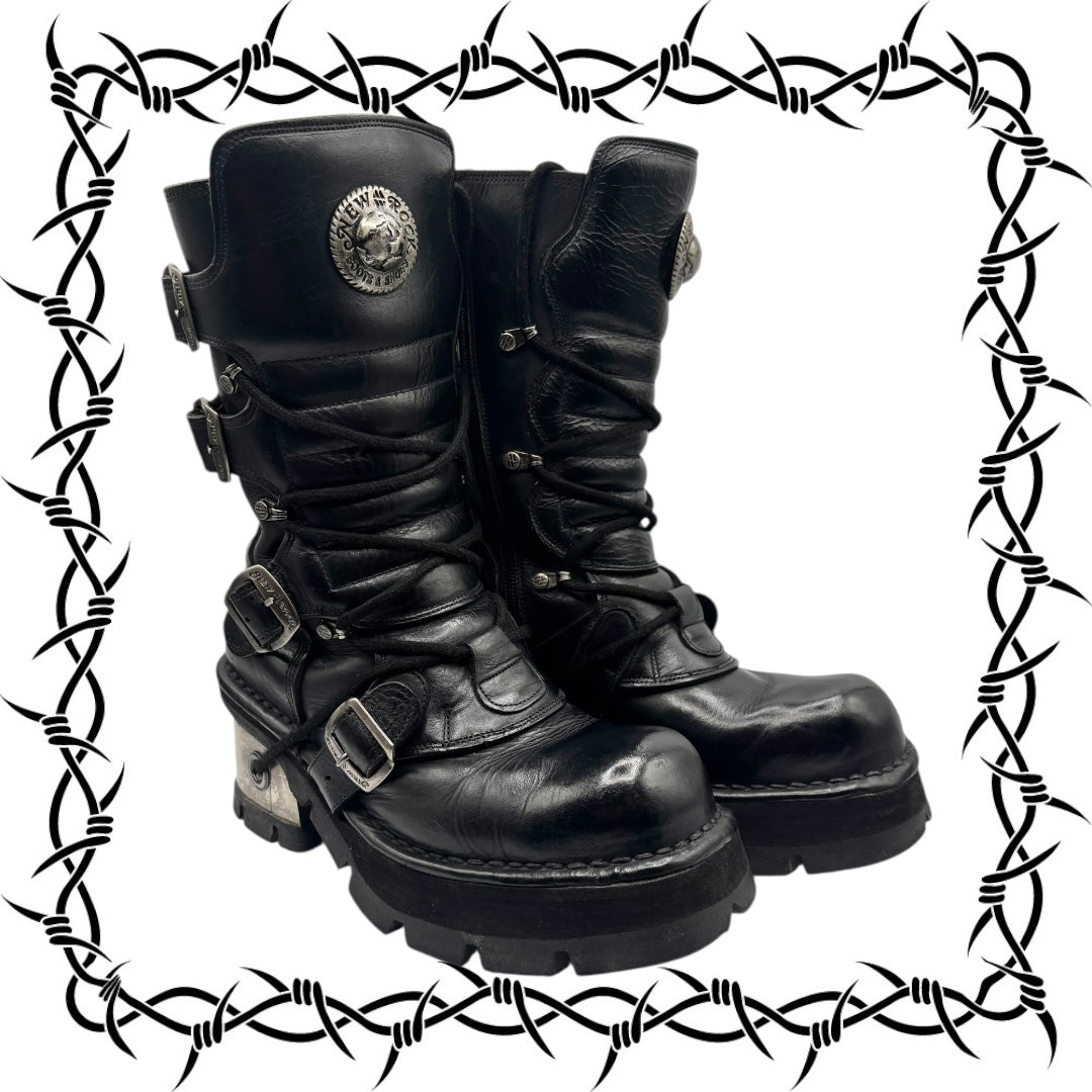 Vintage New Rock buckled raised-heel mid-calf leather boots size 40