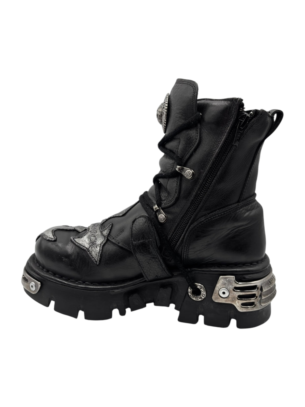 Black leather platform boot with side zip and buckled strap, rugged thick sole
