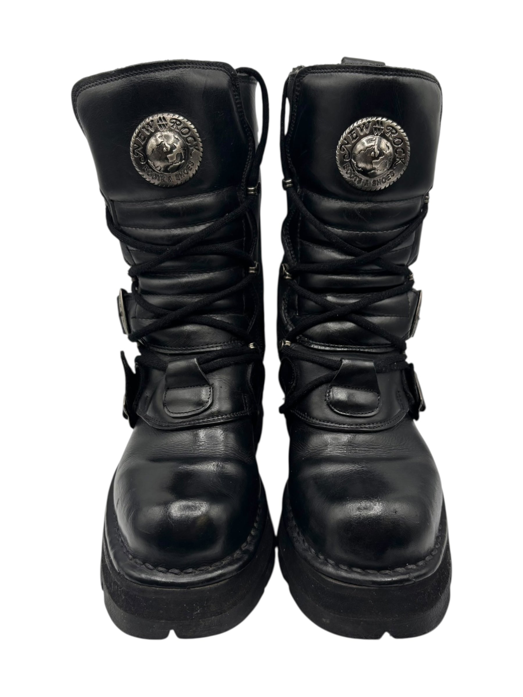 Vintage New Rock buckled raised-heel mid-calf leather boots size 37