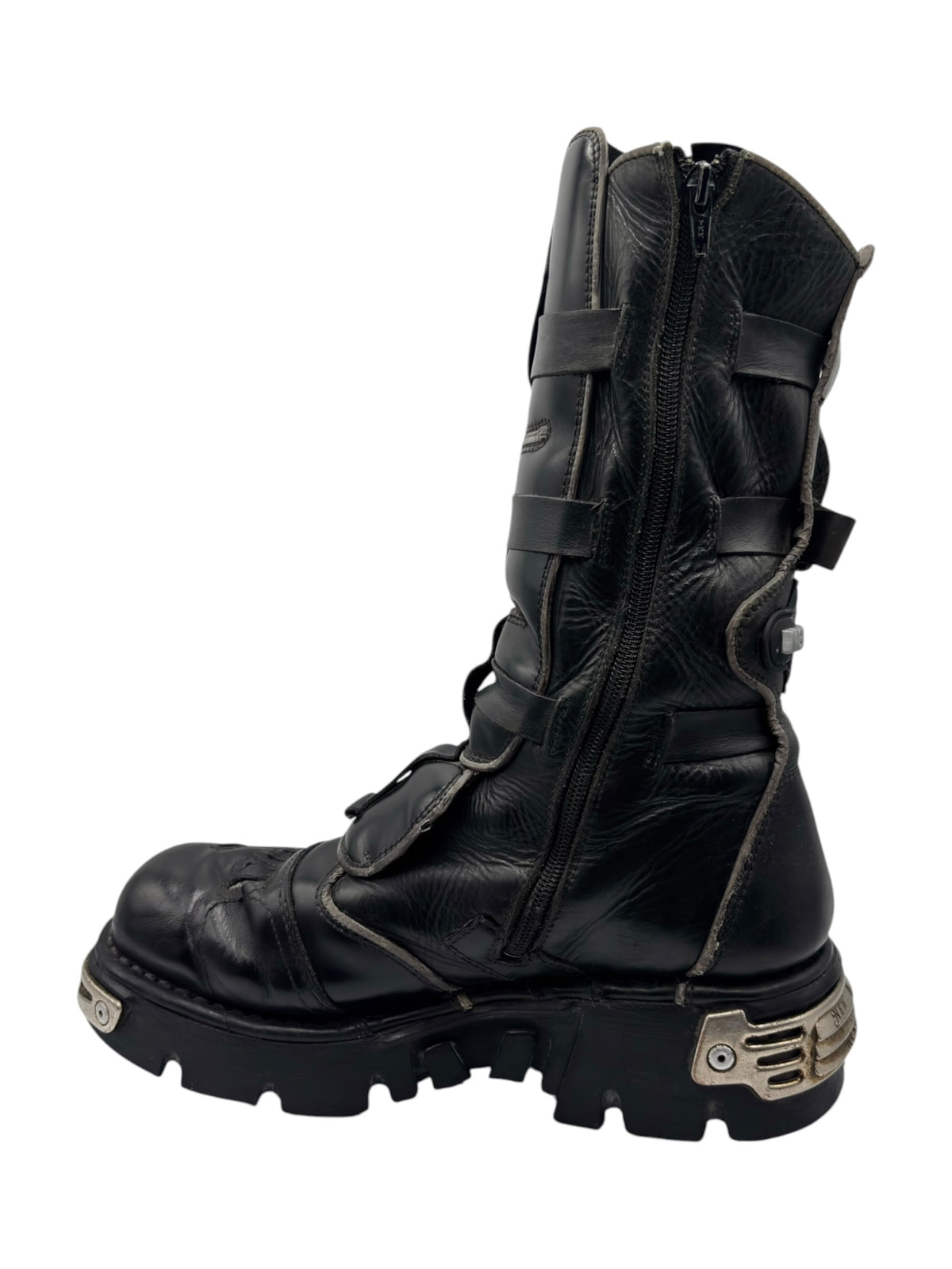 New Rock mid-calf reactor boots back view black leather with zip and strap details