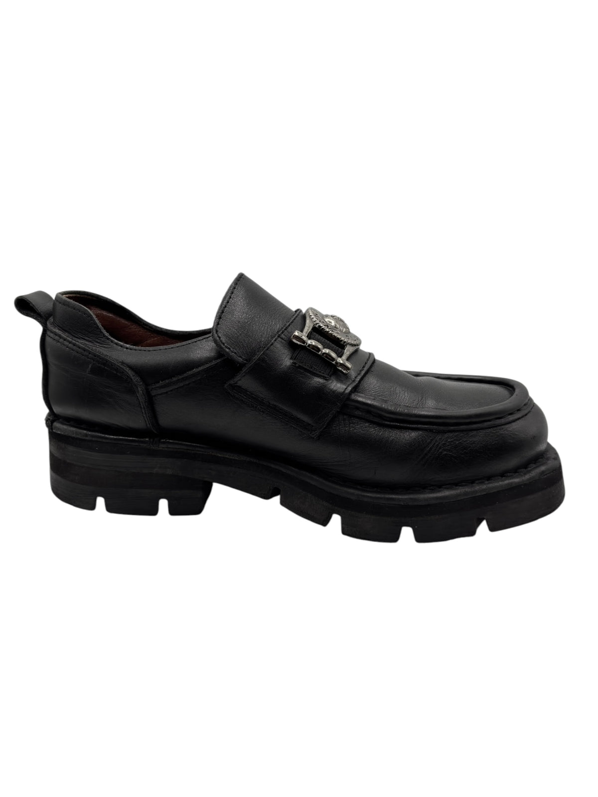 Vintage New Rock leather loafer side view, black leather with metal buckle detail