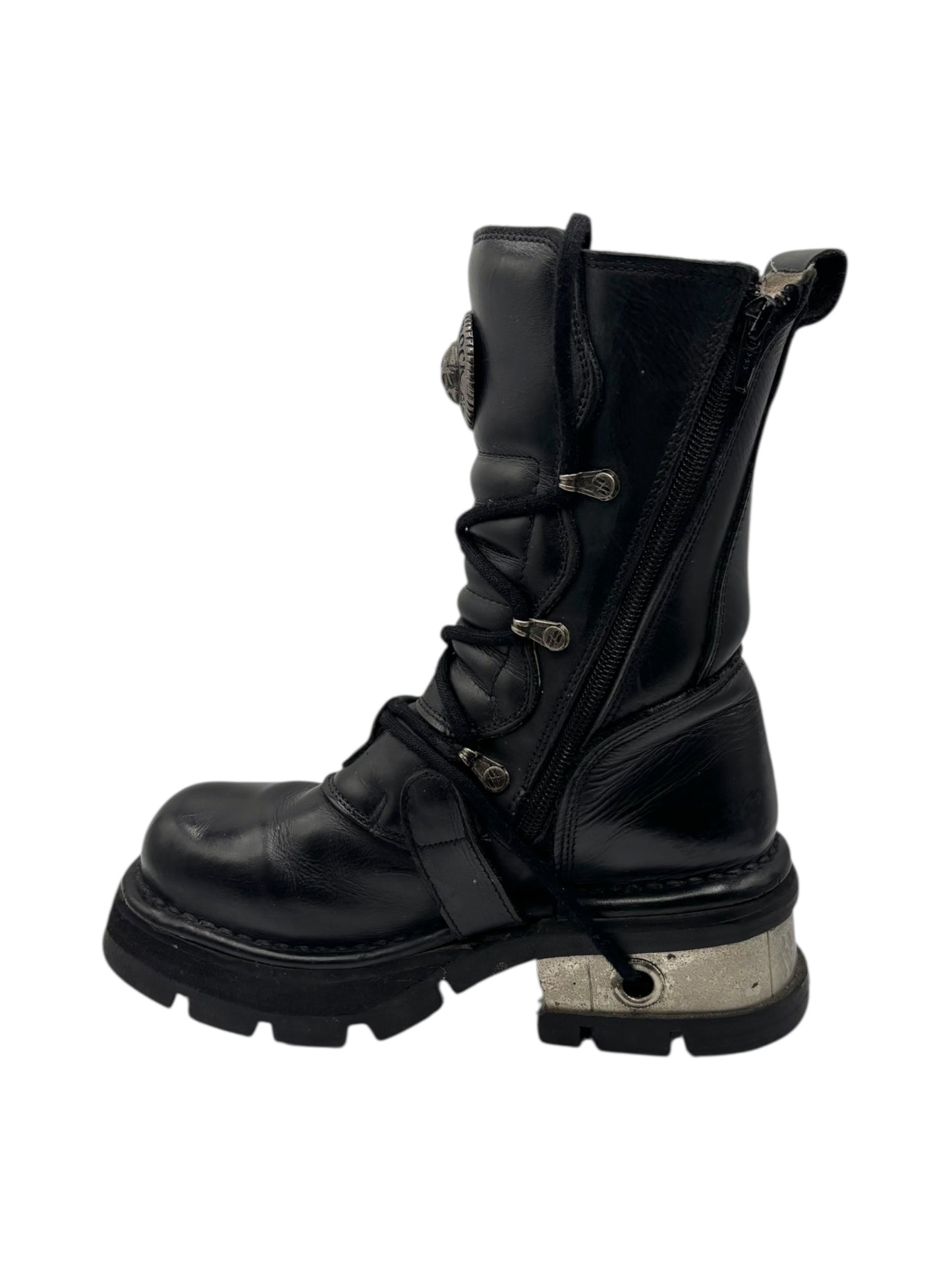 Vintage New Rock buckled raised-heel mid-calf leather boots size 37