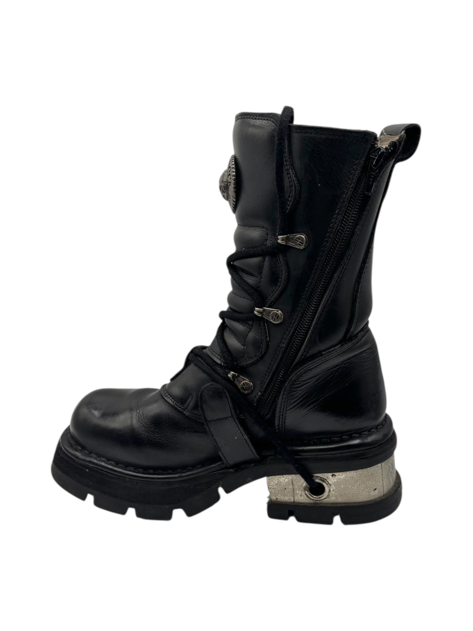 Vintage New Rock buckled raised-heel mid-calf leather boots size 37