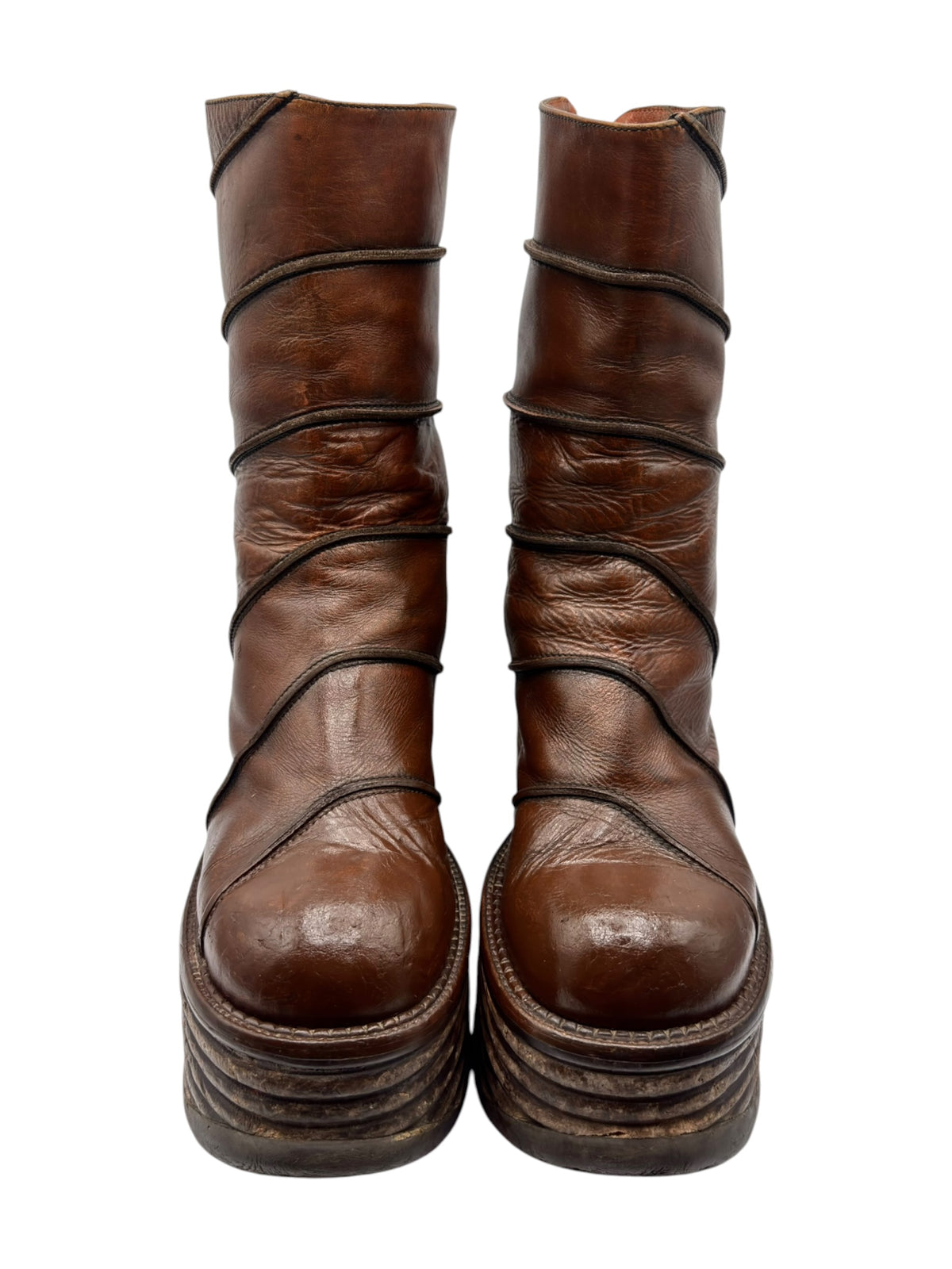 Vintage brown mid-calf leather platform boots with strap detailing and stacked block heel