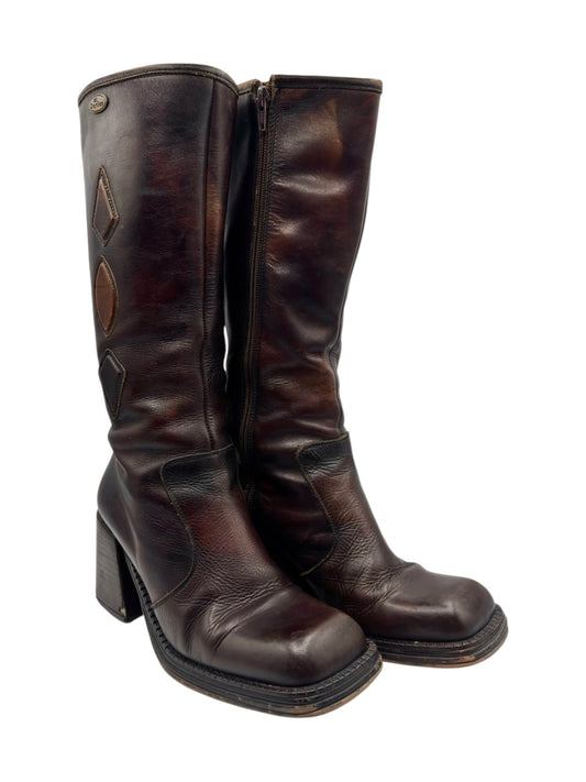 Brown tall leather boots with side zipper, stacked heel, stitched diamond side panel