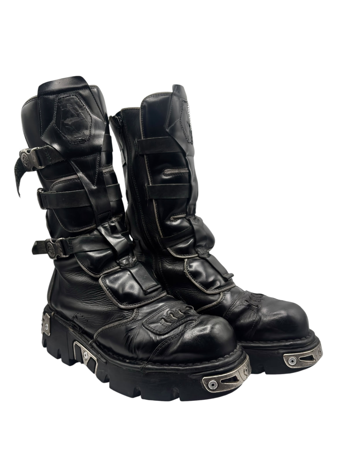 New Rock mid-calf reflective reactor boots, side view, black leather, strap buckles