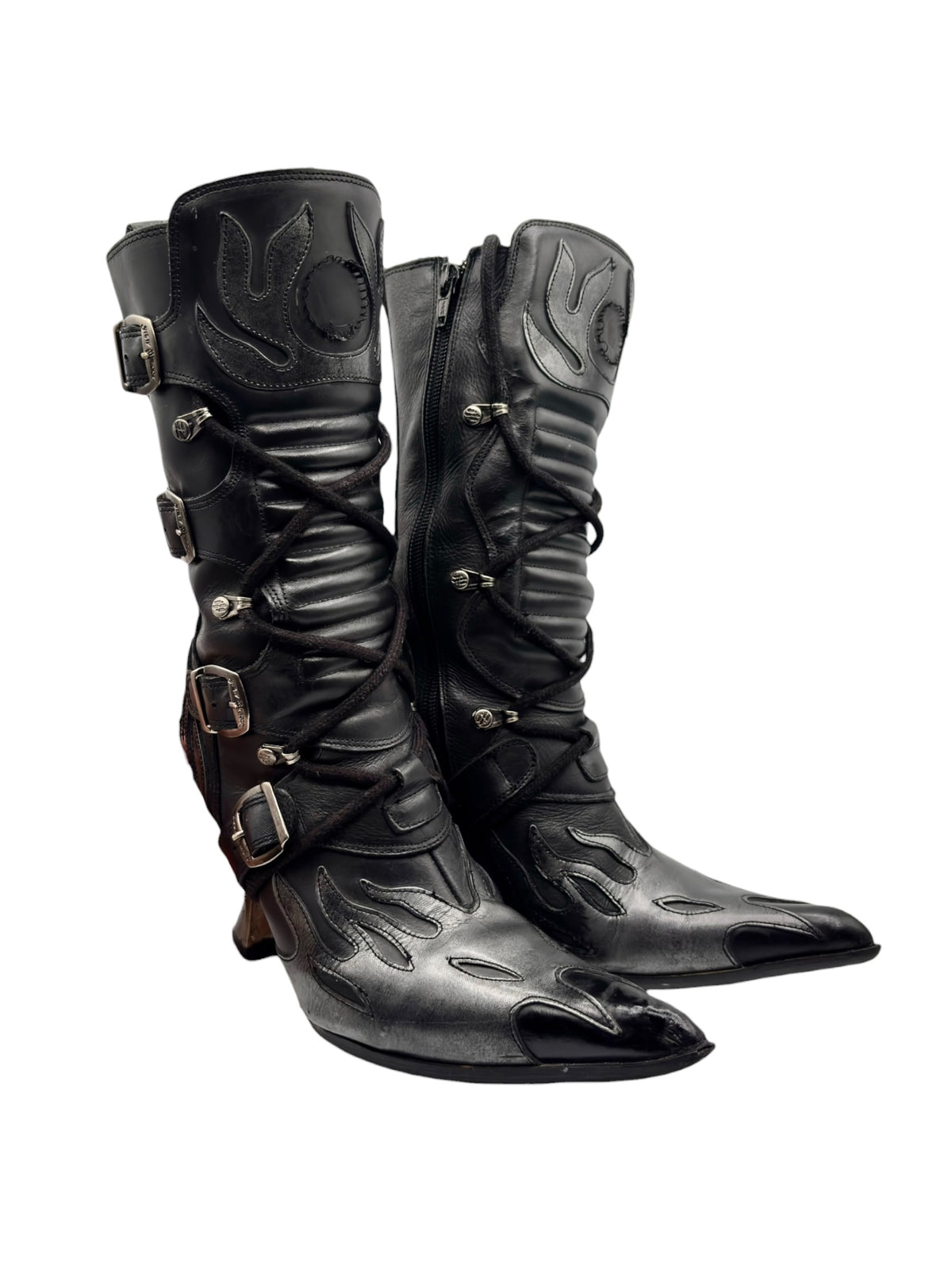 Flame-pattern boots with multiple buckles, laces, and metallic toe and vamp panels