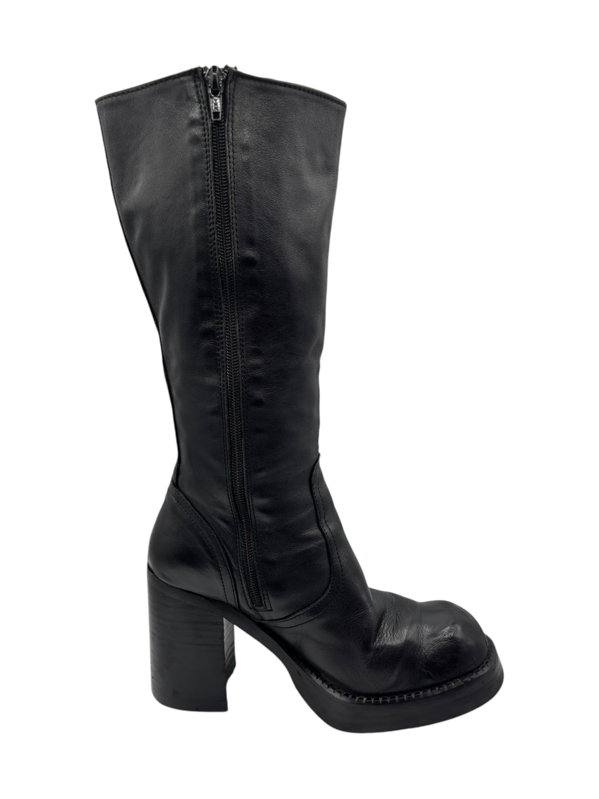 Black knee-high leather boots with full-length side zipper and block heel.