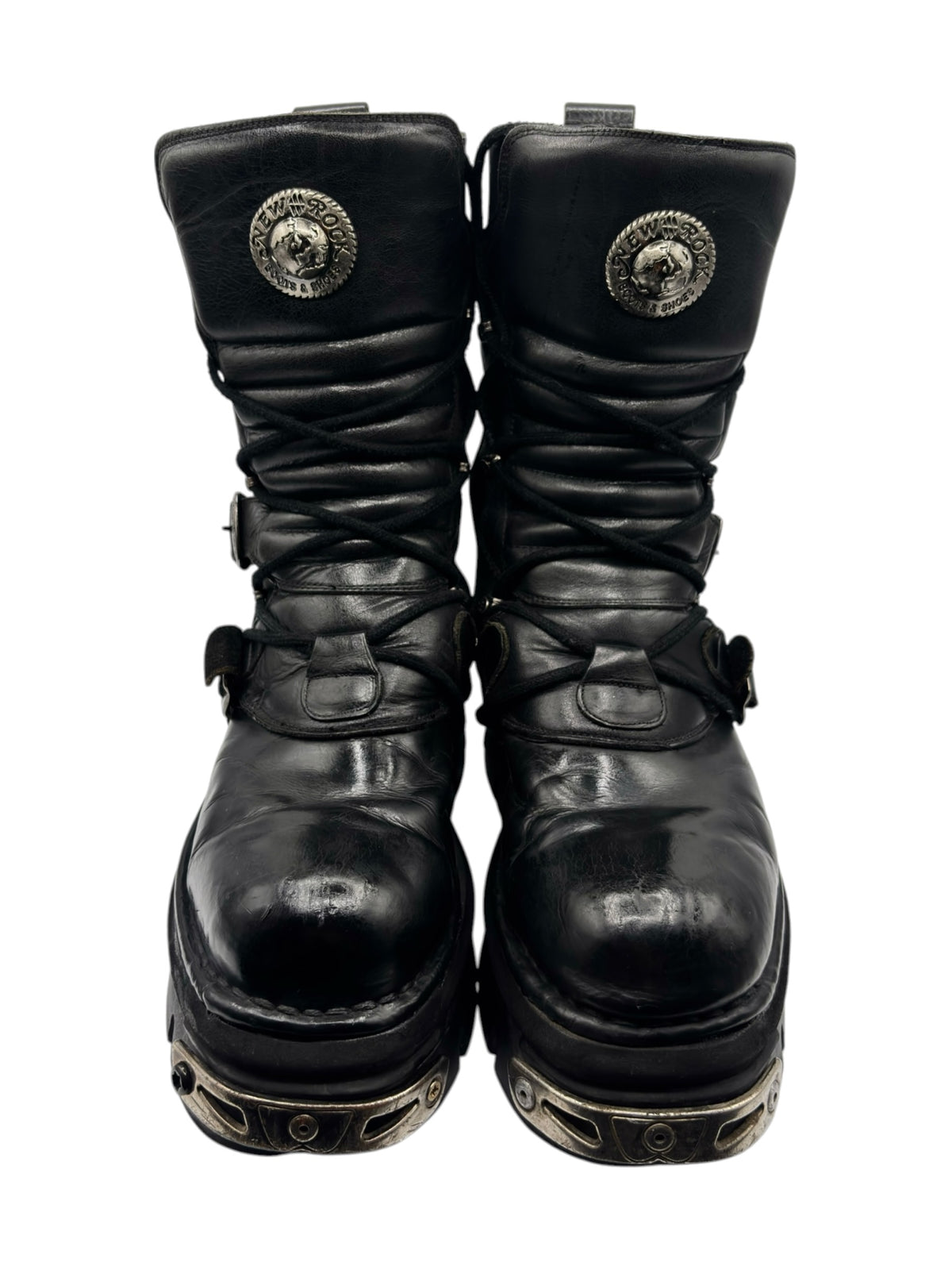 New Rock vintage mid-calf reactor boots, black leather with lace-up and round side emblems