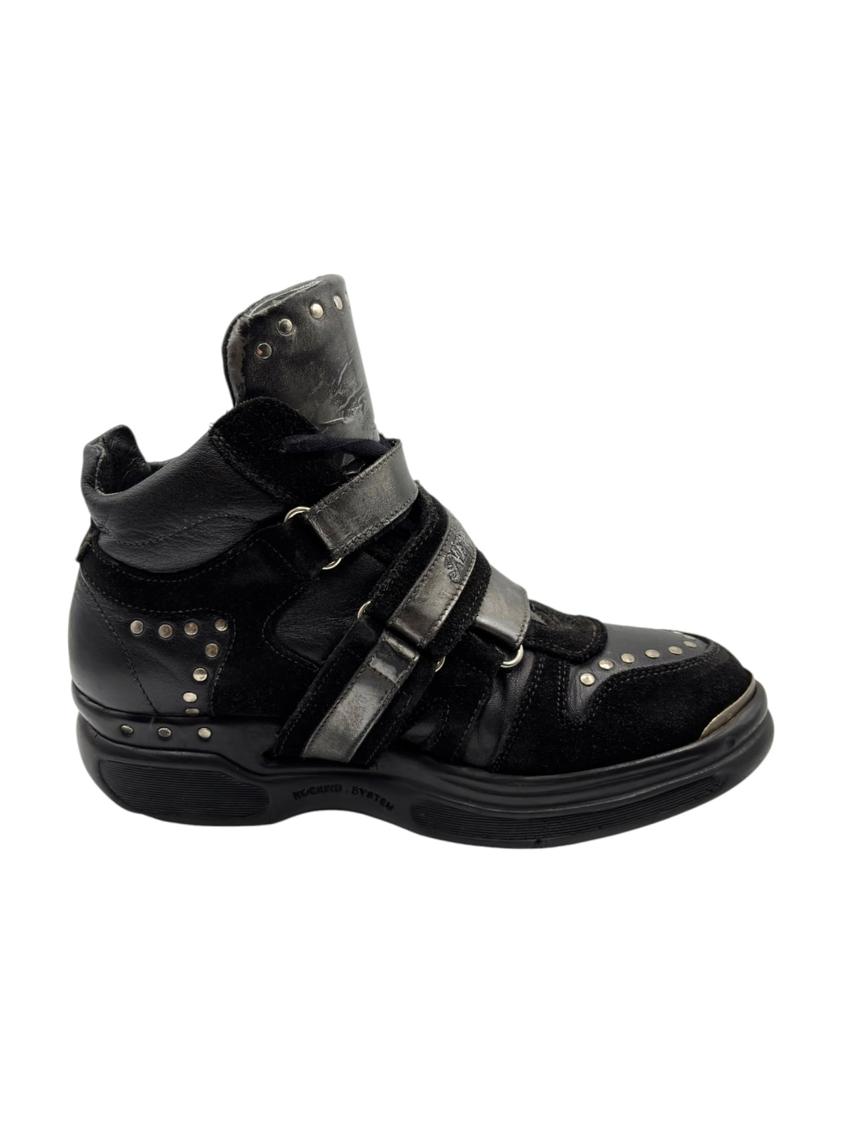 Black leather high-top sneaker with two straps and silver stud accents