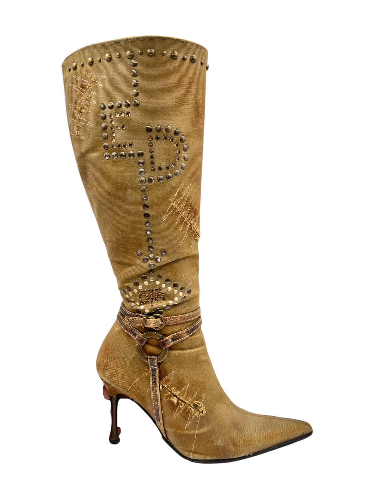 Back view of tan knee-high boots with rhinestone heart motif and strap