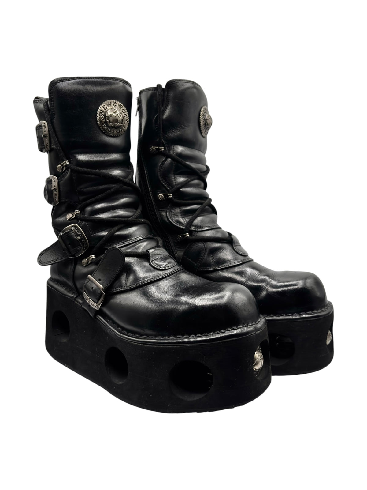 New Rock Neptuno vintage platform boots, black leather, lace-up with buckle straps