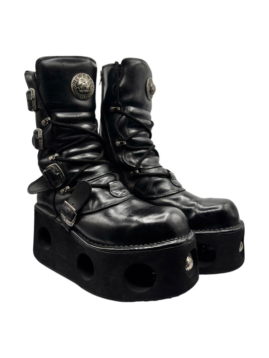 New Rock Neptuno vintage platform boots, black leather, lace-up with buckle straps