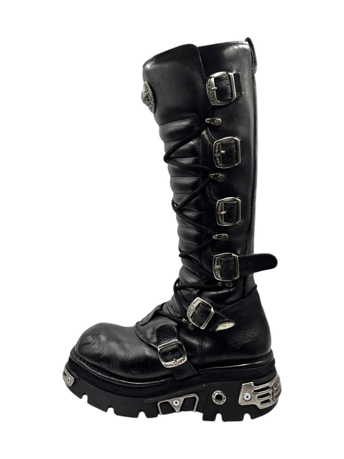 Vintage knee-high reactor boots in black leather with multiple buckle straps