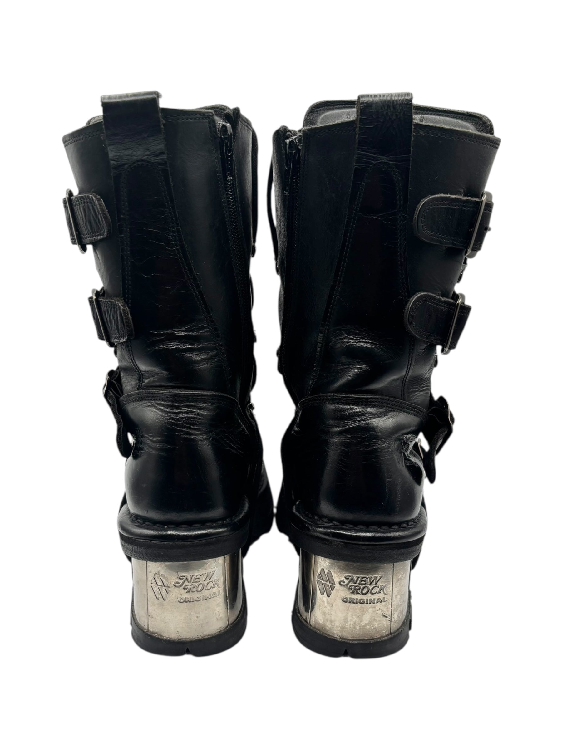 Vintage New Rock buckled raised-heel mid-calf leather boots size 40