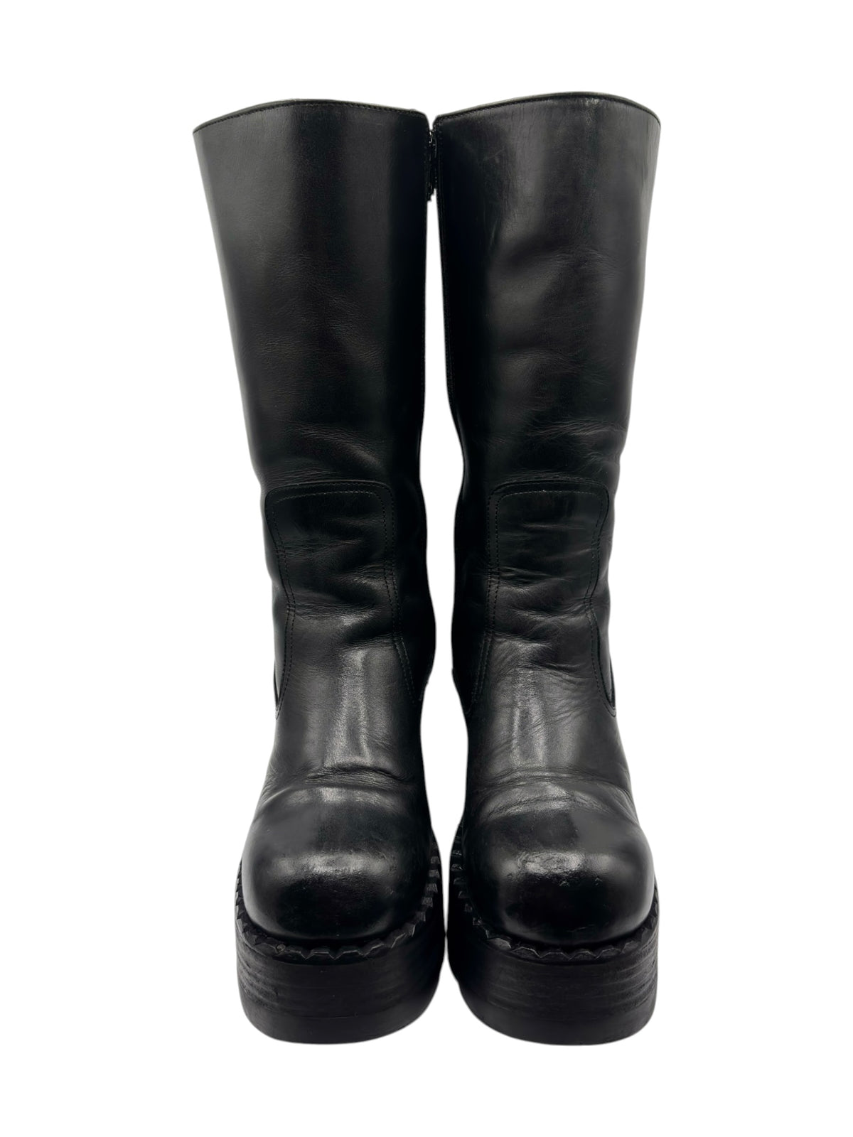 Vintage knee-high block platform boots, dark leather, distressed toe and shaft